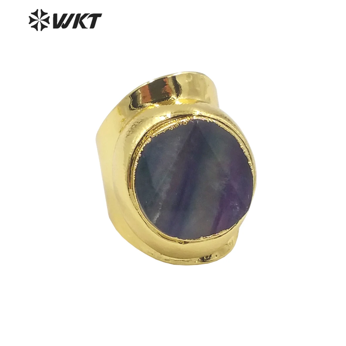 

WT-R479 Gorgeous Exaggerate Colorful Rainbow Fluorite Stone Gold Plated Rings For Cocktail Party Big Decorative