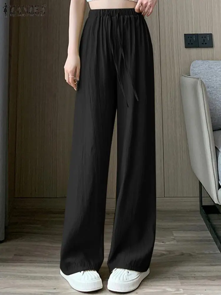 

ZANZEA Women Autumn Pants Elastic Waist Wide Leg Trousers Elegant OL Work Long Pantalon Capris Causal Loose Pleated Palazzo