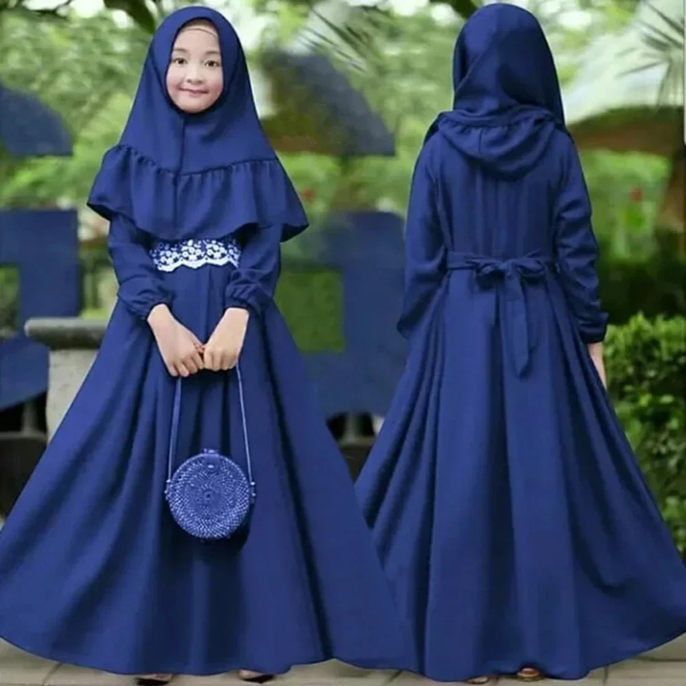 Traditional 2Pcs Muslim Ramadan Set Children Girls Prayer Dress Hijab Abaya Arab Kids Long Robe with Headscarf Islam Kaftan Gown