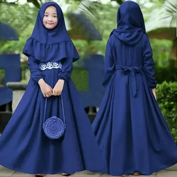 Traditional 2Pcs Muslim Ramadan Set Children Girls Prayer Dress Hijab Abaya Arab Kids Long Robe with Headscarf Islam Kaftan Gown