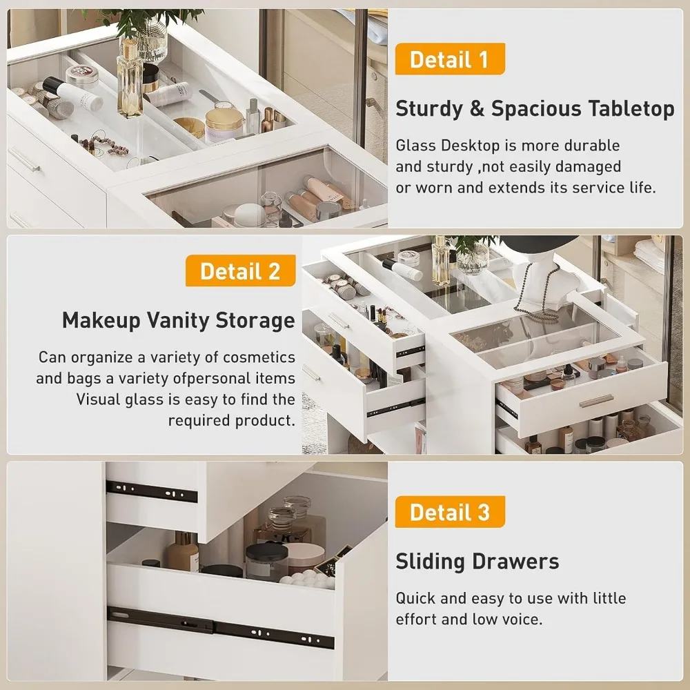 Bedroom Closet Island with Glass Top, White Wardrobe Closet Island with 6 Drawers, Island Dresser with Display Shelf & Storage 5
