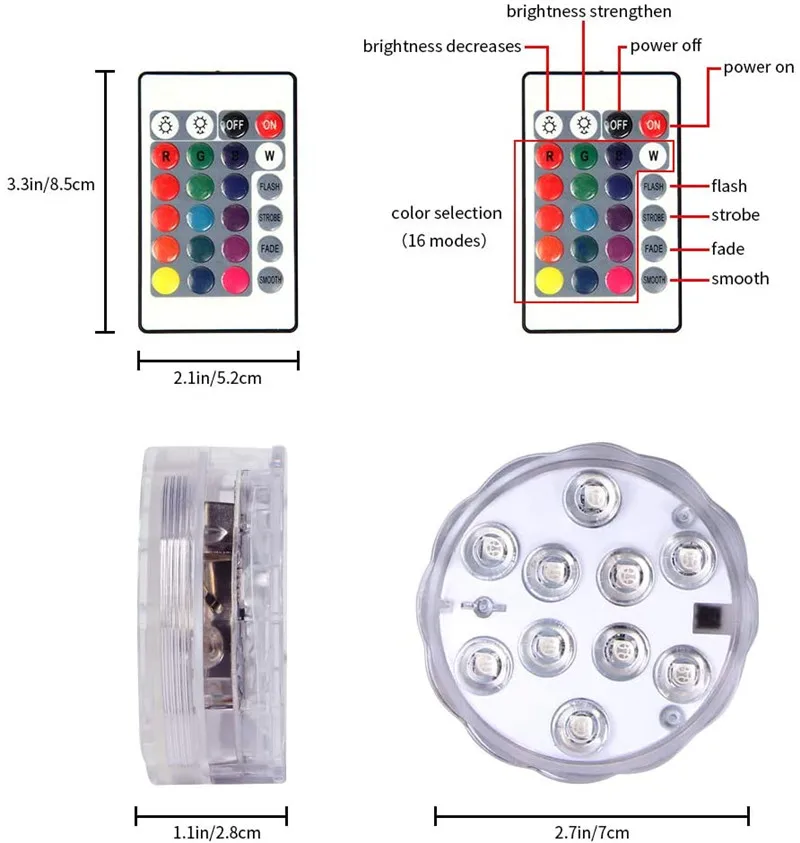 16 Colors 10leds LED Submersible Light Remote RGB Swimming Pool Underwater Lamp for New Year Party Garden Vase Aquarium Decor