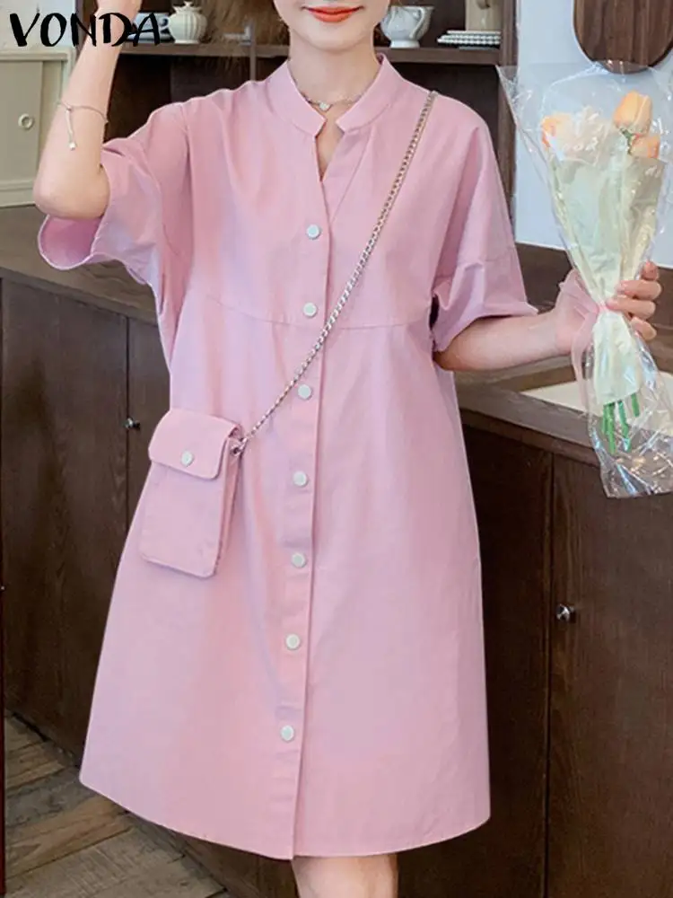 

VONDA Women Solid Color Dress 2023 Summer Elegant OL Style Sundress Fashion Short Sleeve Dress Loose Casual Robe Femme Baggy