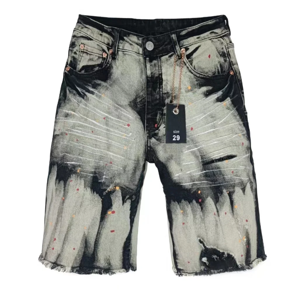 

Tide Brand Anti-Aging Tie-Dye Spray Paint Slim Fit Casual Black Denim Shorts Men's Summer Knee Length Shorts