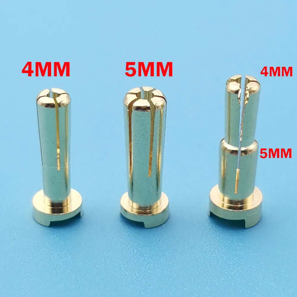 Connecteurs banane mâle 5mm plaqué or pour batterie RC, alignés avec adaptateur, vue détaillée.