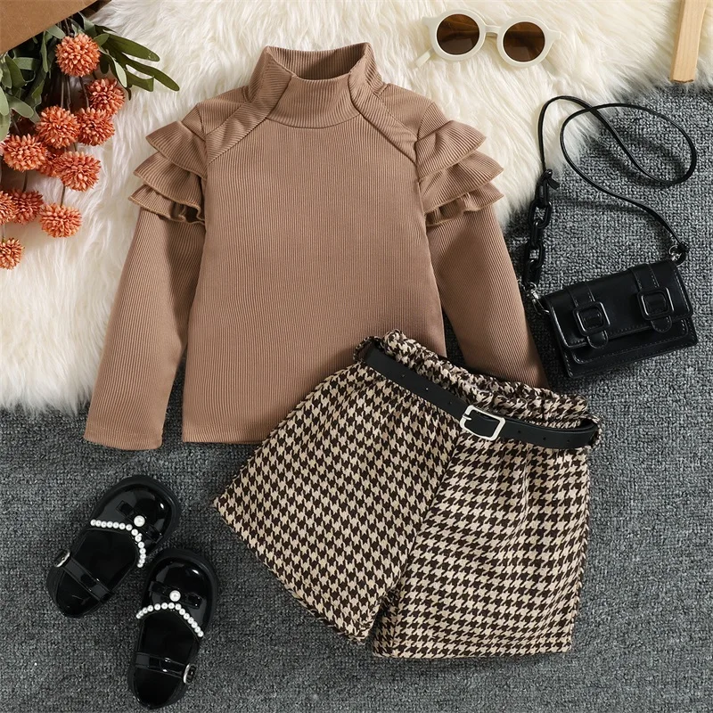 1-6Y Kids Girls Autumn Clothes Set Baby Ruffle Long Sleeve High Neck Ribbed Tops + Houndstooth Short Pant + Belt Children Outfit, kids clothing set,girls clothing set
