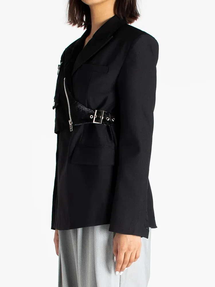 BPN Asymmetrical Soild Blazer For Women Notched Collar Long Sleeve Spliced Zipper Casual Blazer Female Fashion Autumn Clothing