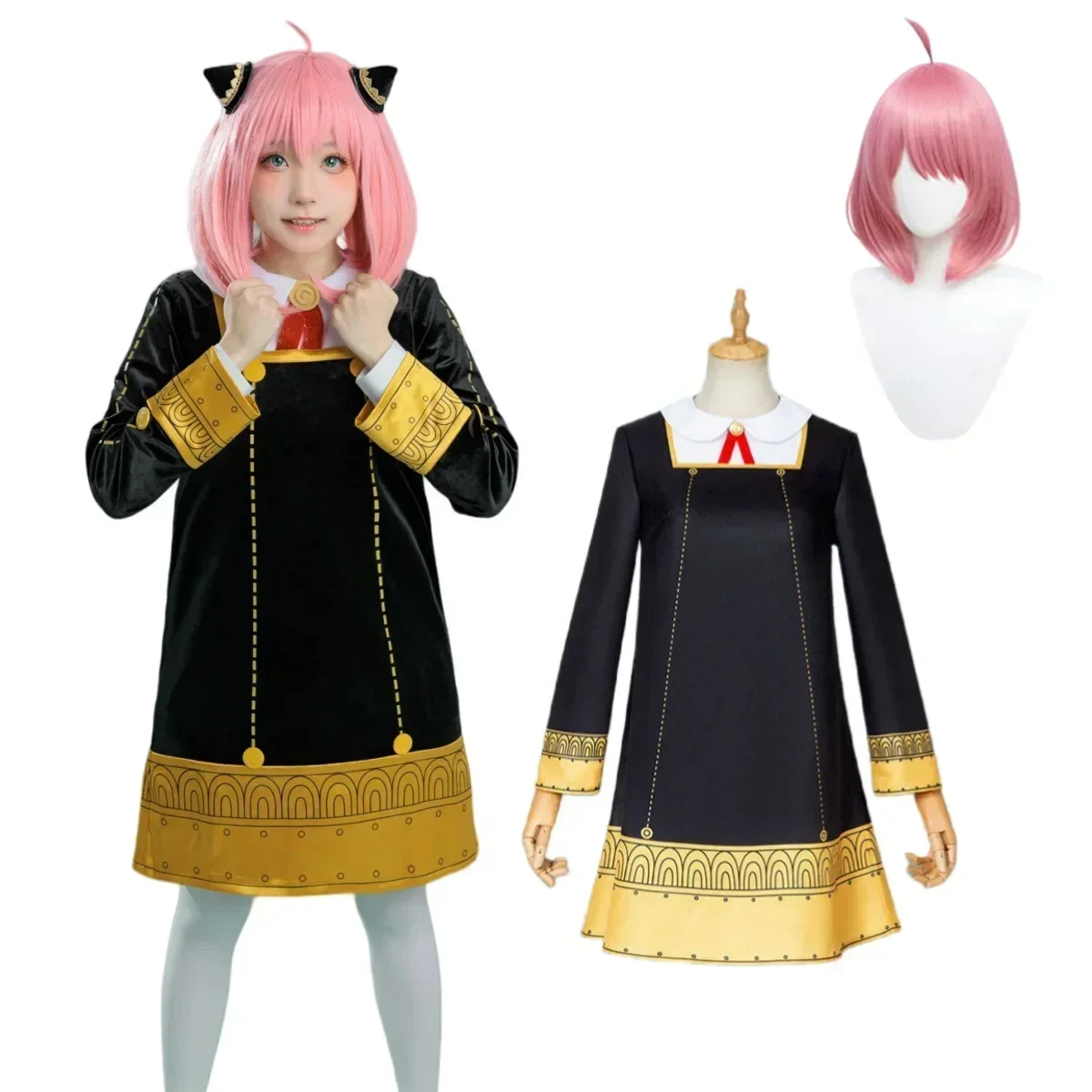 Anya Forger Inspired Cosplay Costume for Kids - Cute Black Dress with Wig for Halloween and Parties