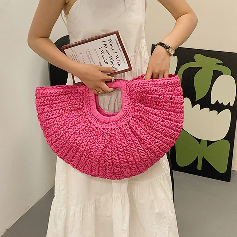 Woven Straw Bag Moon Large Capacity Purse and Handbag For Women Beach Basket Bags Fashion Travel Shoulder Shopper Totes