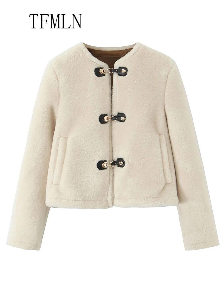 Street Women Causal Faux Fur Jackets 2025 Autumn Winter Fashion O-neck Single Breasted Loose Coats Vintage Warm Chic Outwear