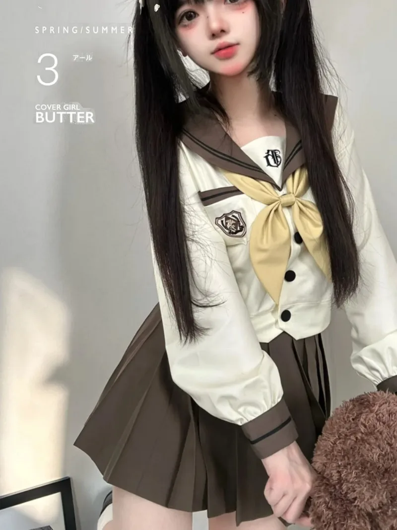 2024 New Japanese Sailor Suit JK Uniform Autumn Winter Milk Tea Color Colleage Style Students Brown Mini Skirt Bow Tie Top Sets