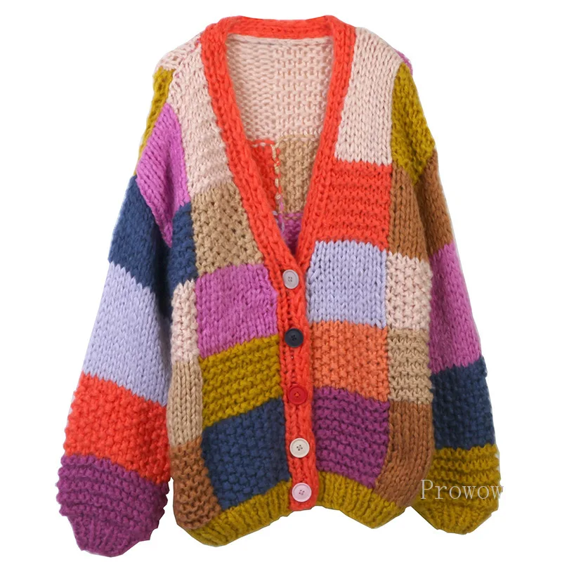 

Thick Warm Oversized Cardigan Women 2023 Autumn Winter Sweater Jacktet Contrast Colors Block V-Neck Lazy Oaf Knitted Cardigan