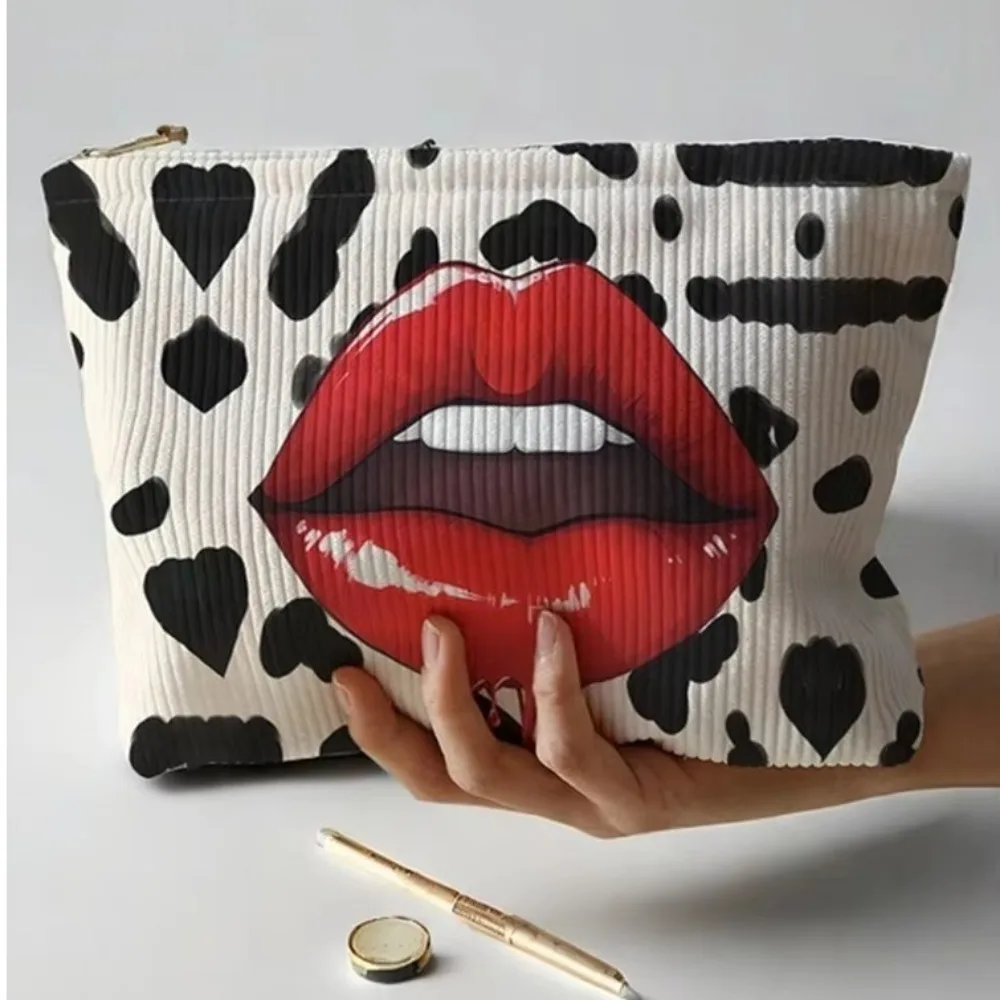 Lip Pattern Printed Makeup Bag - Lightweight Travel Cosmetic Clutch with Zipper