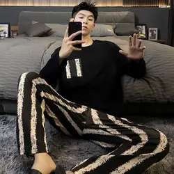 Gentleman Spring and Autumn Pajamas Pure Cotton Long Sleeve Pants Suit Leisure Sports Plus Size Can Be Worn Outside Loungewear