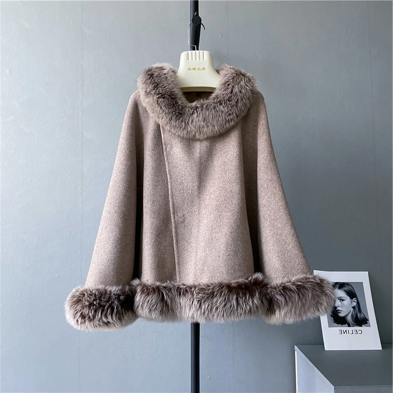 

2023 Woolen fur,Dubai Muslims ladies Natural Real Fox Fur Jacket poncho design fashion frosted real fox fur cape coats s187
