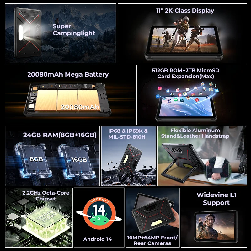 HOTWAV R9 Plus Rugged Tablet Octa-Core 11" 2K Display 8GB RAM 512GB ROM Smart Pad 10080mAh 64MP Face ID Tablets PC Android 14