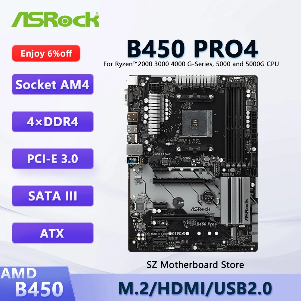 ASRock B450 PRO4 AMD B450 AM4 Motherboard For Ryzen 5/7/9/3 5600