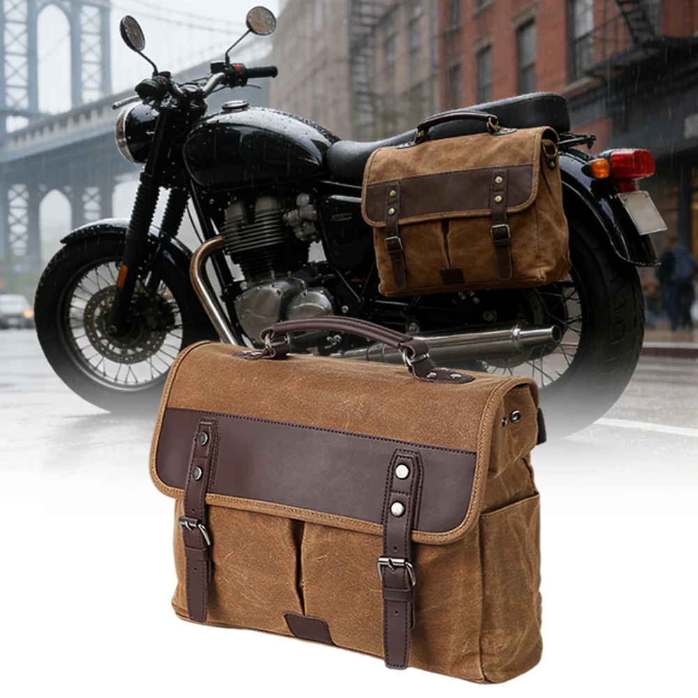 Vintage motorcycle side bag waterproof retro canvas leather saddlebag