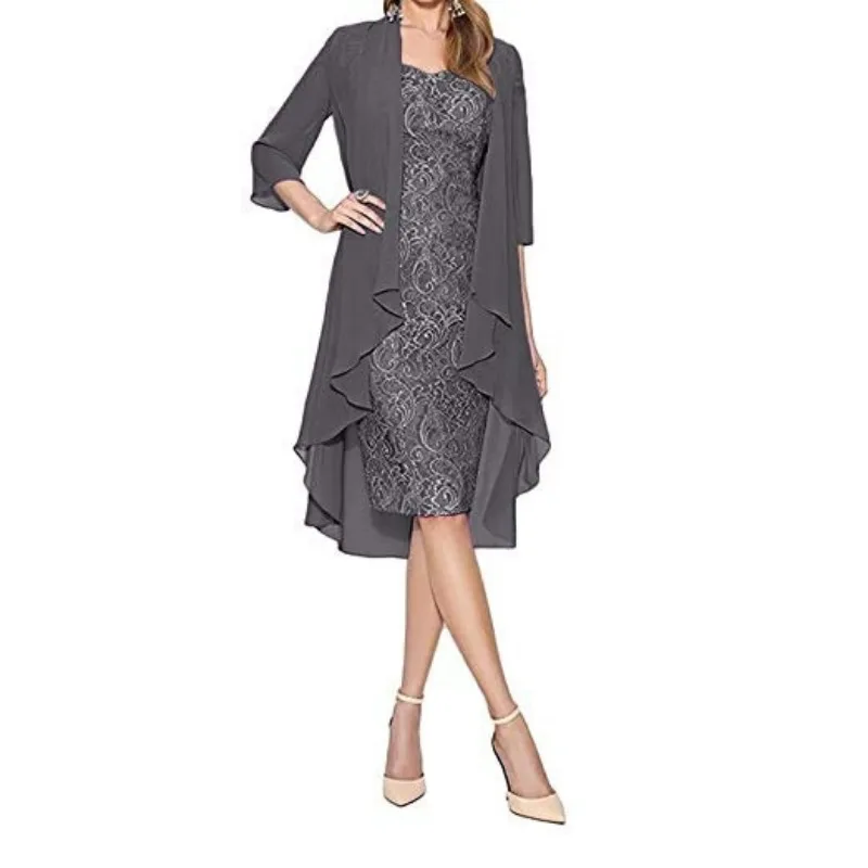 

Women's Sexy Long Sleeve Cardigan Irregular Large Coat V-neck Slim Dress Suit 2023 Women's New Lace Chiffon Two-Piece Set
