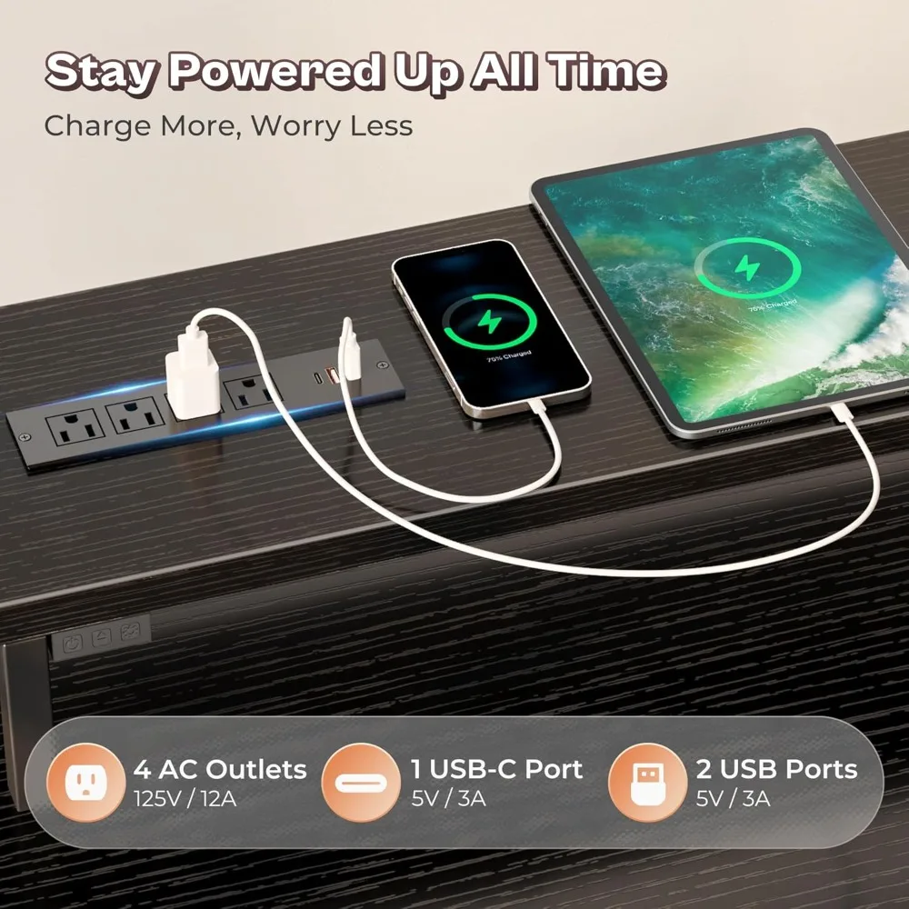 L-Shaped Gaming Desk with LED Lights, Power Outlets, Drawers & Printer Stand - Black