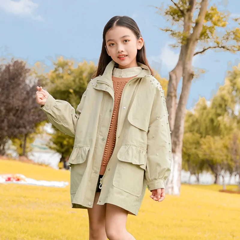 

8 10 years Girls Trench Coat Pearl Beading Khaki Pink Kids Jackets Spring Fall Sweet Fashion Teenager Girl Outfits