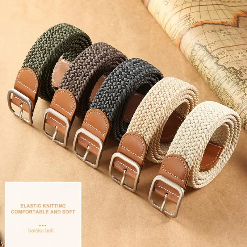 

Trendy Braided Belt Square Buckle Free Punch Ladies Canvas Waistband Men's Casual Elastic Waistband All Match Belts