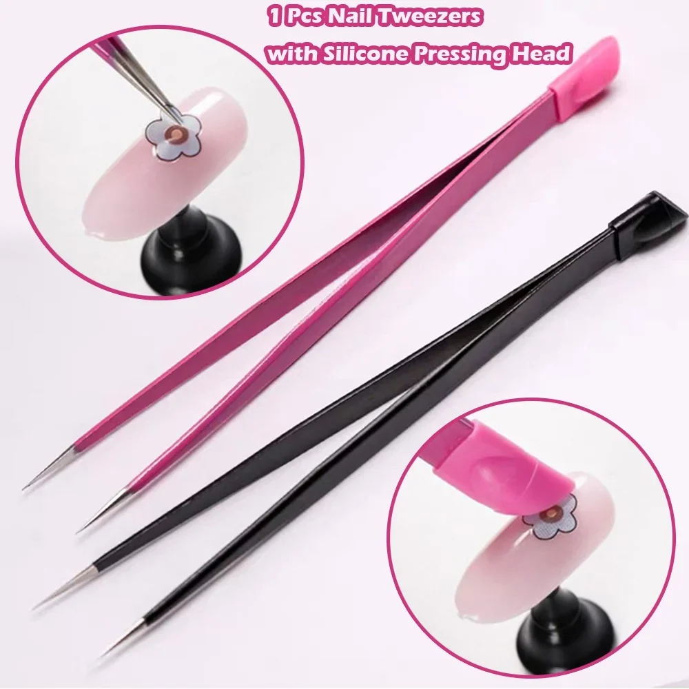 Nail Art Tweezers 1 Pc Nail Tweezers with Silicone Pressing Head for Sticker Rhinestones Picker Straight Curved Manicuree Nail Art Tool