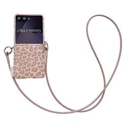 Luxury Leopard Print Phone Case with Wrist Strap - Shockproof Hard Cover - Galaxy Z Flip5 (Case with long rope)