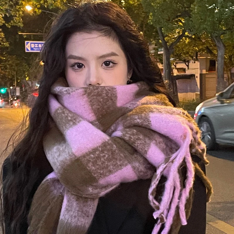 Plaid Scarf Checkerboard Soft Scarfs Women's Winter Warm Dual Use Long Shawl Vintage Thickened Scarves 4