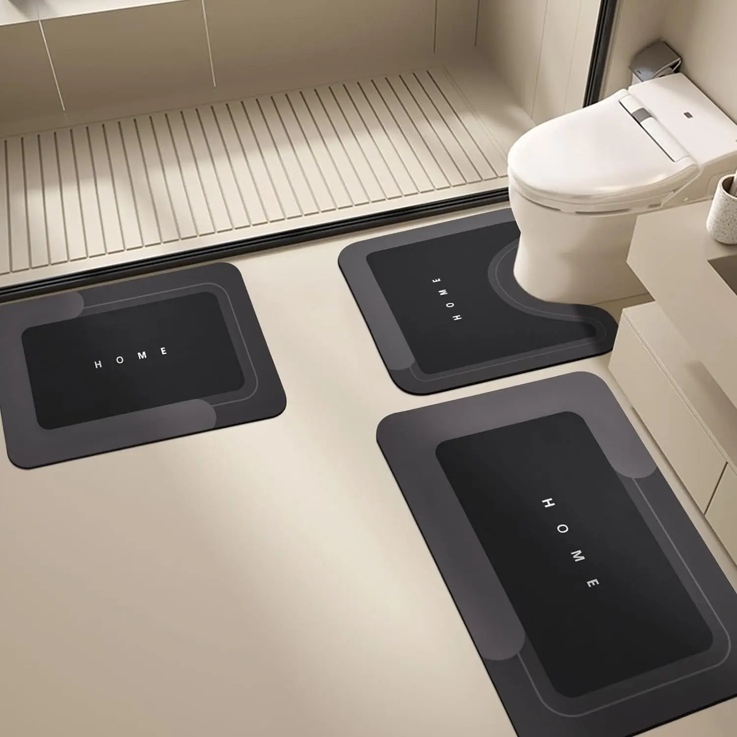 VIKAMA 3PCS Simple Diatomium Mud Bathroom Floor Mat U-Shaped Light Luxury Absorbent Non-Slip Foot Mat Drain Carpet