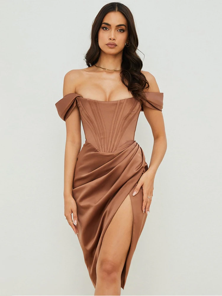 HOVON Ruched Off Shoulder Party Corset Dress Boned Split Backless Sexy Bodycon Ladies Dresses 2021 Summer Night Club Midi Dress little black dress Dresses