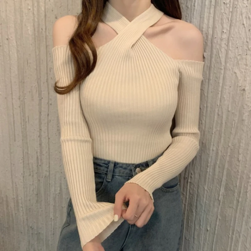 

Fashion Long Sleeve Criss-Cross Pullover Korean Style Off Shoulder Knitted Bottoming Tops Autumn Halter Neck Sweater Women 28634