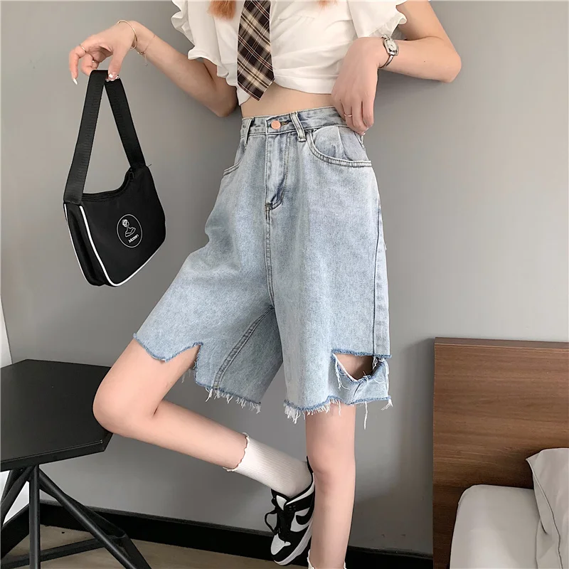 bermuda shorts 2022 Summer Holes Jeans Shorts Women Korean Chic High Waist Blue Tassel Denim Shorts Loose Washed Short Pants Female Ropa Mujer maternity shorts