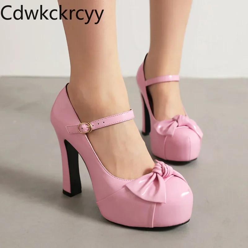 

spring autumn fashion Round head high-heeled Women Shoes Pink Sweet Butterfly-knot Shallow mouth Buckle Thick heel Women Shoes
