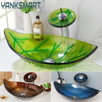 YANKSMART ห้องน้ําอ่างล้างหน้าเคาน์เตอร์กระจกนิรภัยอ่างล้างหน้าก๊อกน้ําชุดน้ําตกก๊อกน้ําห้องน้ําเรือ Vanity Bar เรือ 1