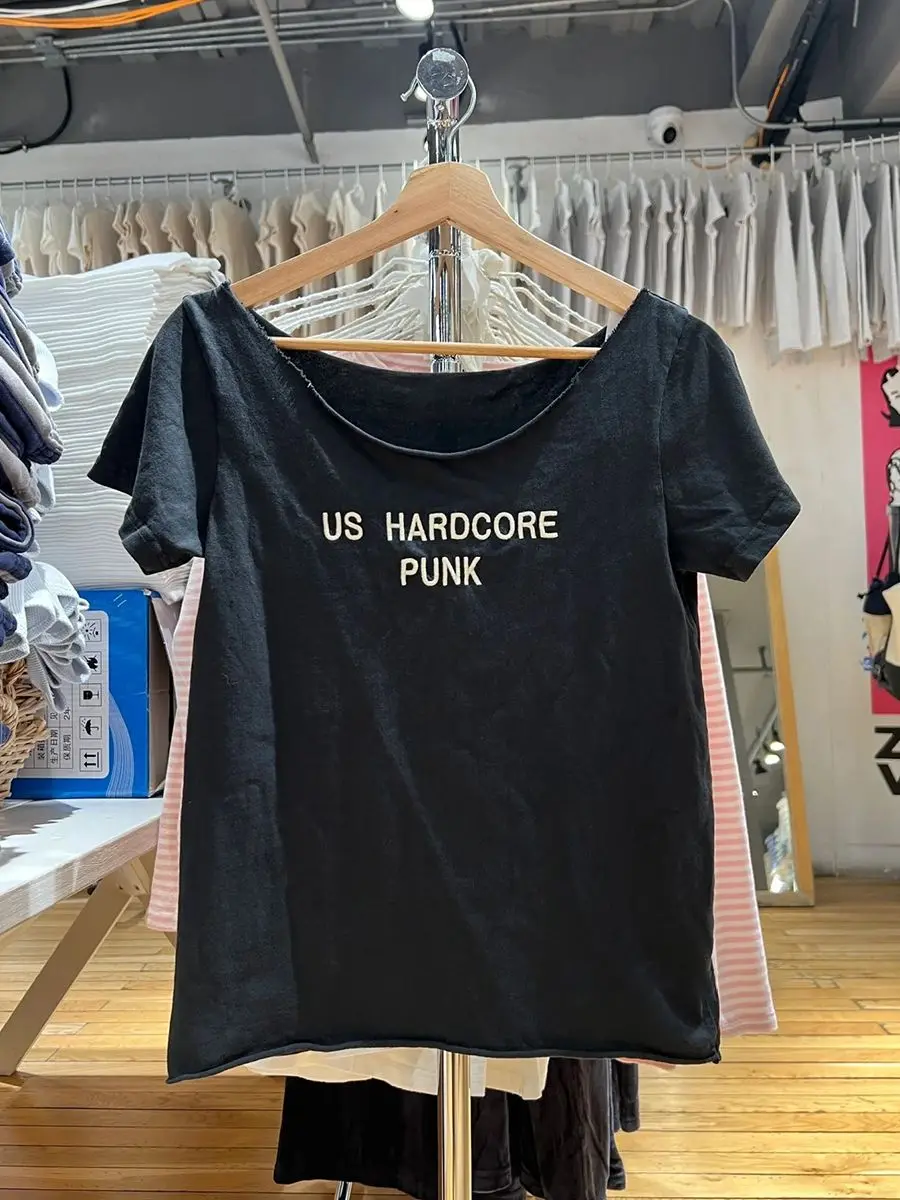 Brief Stickerei Dünnes T-shirt Frau Sommer Slash Neck Raw Saum Kurzarm T-shirts Vintage Streetwear Baumwolle T-shirt Y2k Tops