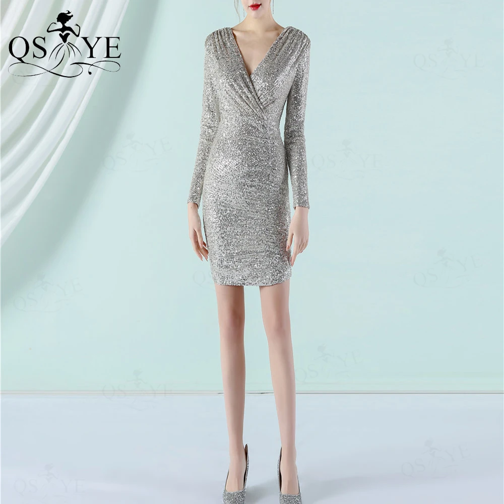 

Серебряные короткие платья для выпускного вечера, блестящее длинное женское платье с блестками, сексуальное вечернее платье с V-образным вырезом, блестящее платье-футляр, официальное платье, новинка