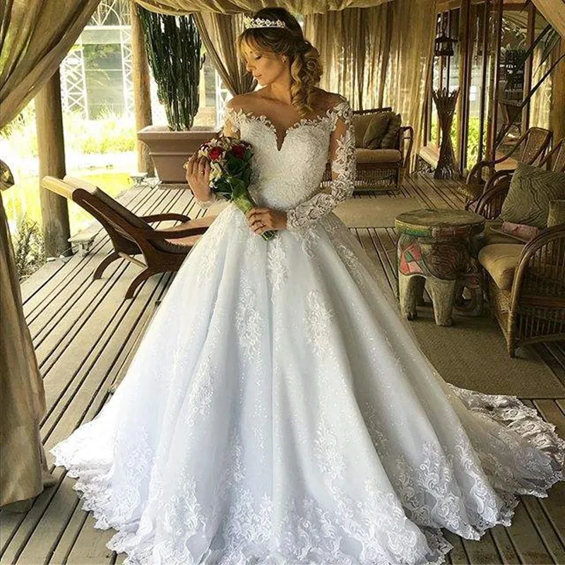 

Pretty Scoop Lace Appliques Ballgown Puffy Wedding Dress 2024 Princess Long Sleeves Vestido De Noiva Buttons Back Bridal Gowns