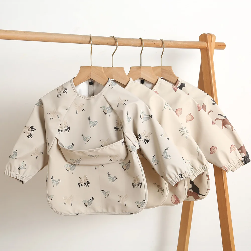 Long Sleeved Soft PU Baby Bib Painting Waterproof Meals Protection Washable for Children