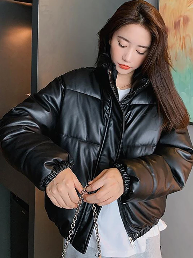 Winter Warm Thick PU Leather Coats Women Short Parkas