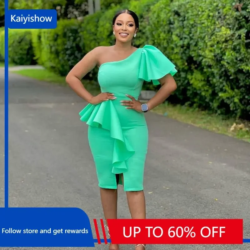 

Sexy One Shoulder Party Dresses For Women 2023 Summer Green High Waist Ruffles Peplum Bodycon Midi Pencil Dress African Gowns