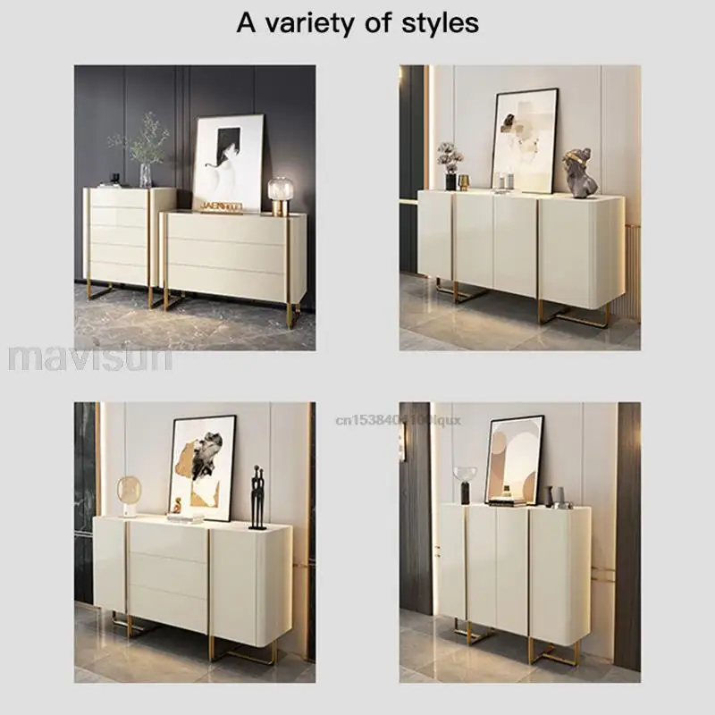 Simple Marble Top Stainless Steel Leg Kitchen Sideboard Modern Light Luxury Slate Living Room Side Cabinet With Six Drawers