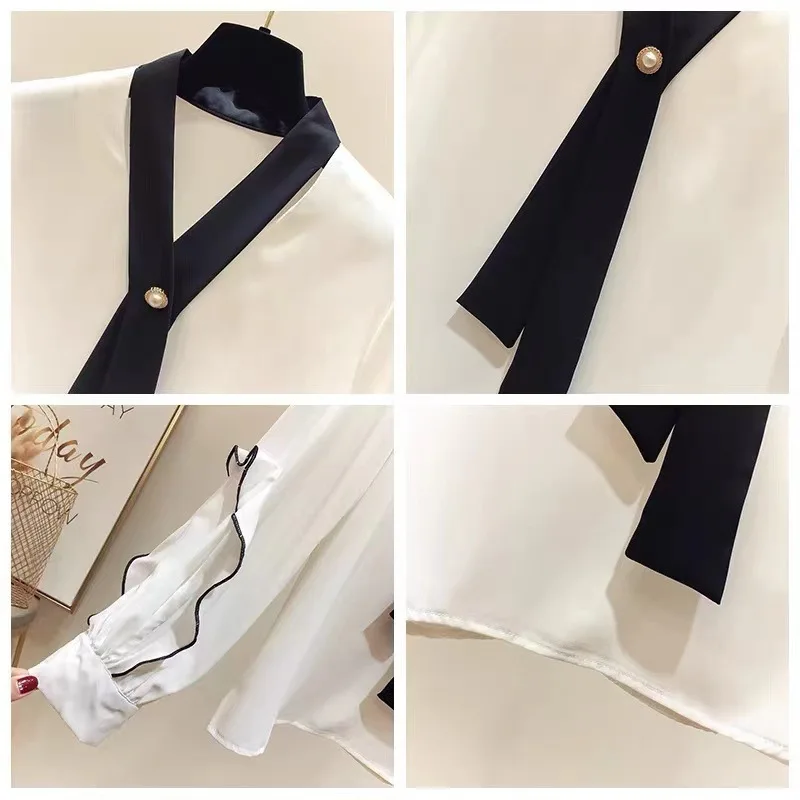 2024 Spring Autumn New Women's Contrast Color V-Neck Tie Up with Button Spliced Ruffles Long Sleeve Elegant Loose Chiffon Tops