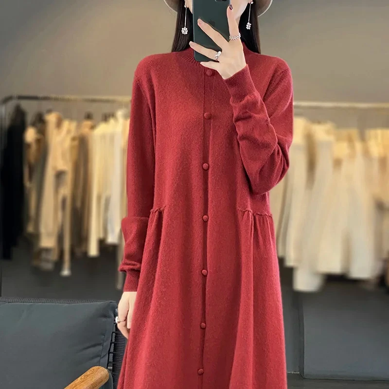 

Women Dresses 100% Cashmere and Wool Knitted Jumpers Long Oneck 2023 Winter/ Autumn Female Dress Woolen Knitting Clothes NJ01