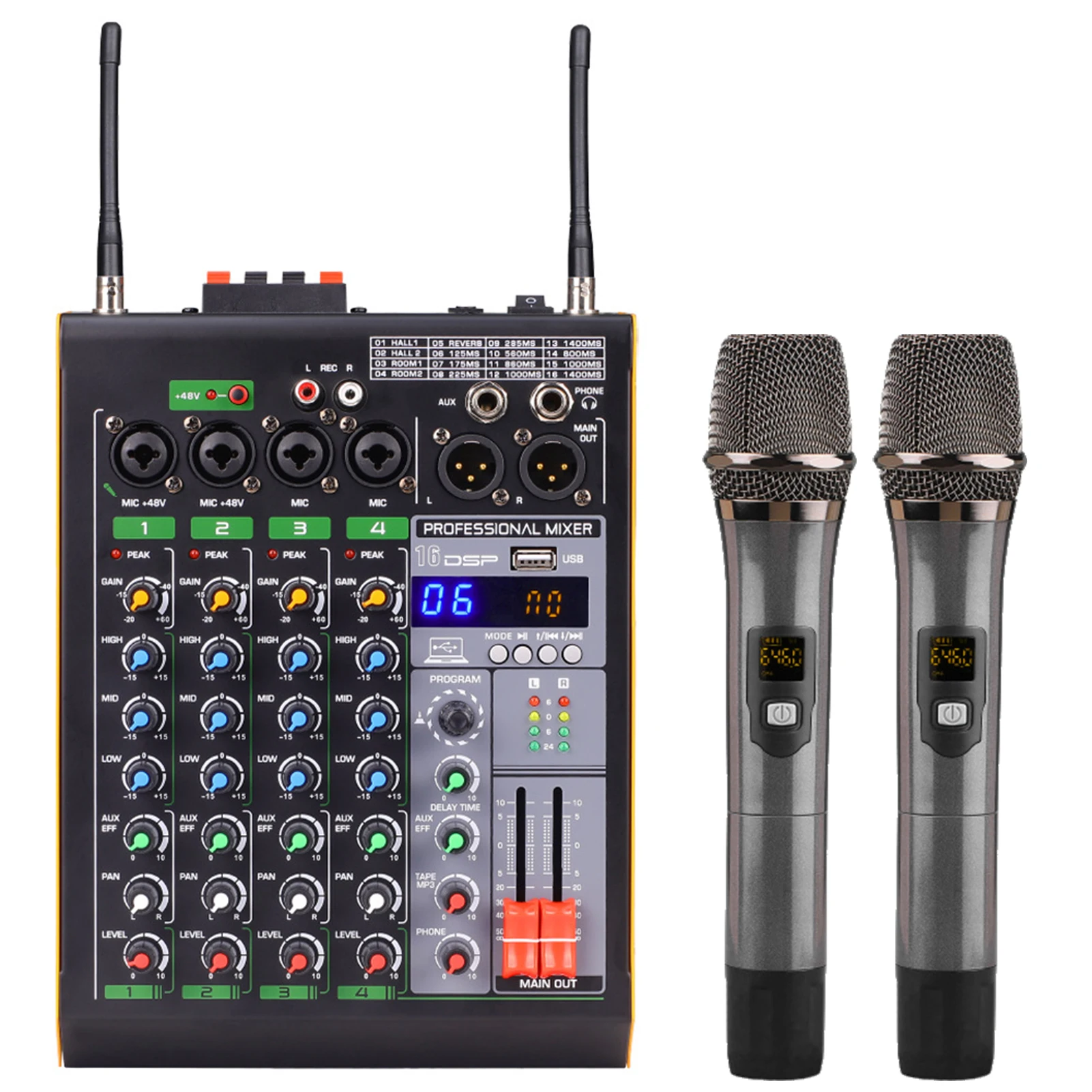 4-Channel BT Audio Mixer with 2 Wireless Microphones LED Digital Mixing ...