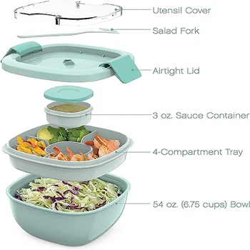 Boîte à déjeuner double empilable, 50 oz. Grand bol à salade, plateau à 4 compartiments, 3 oz. Récipient à sauce, fourchette et cuillère réutilisables intégrés 1