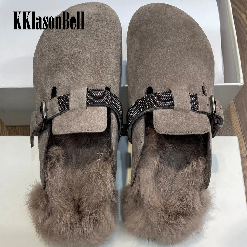 

11.13 KKlasonBell Fox Fur Mules Shoes Bead Chains Buckle Strap Cow Suede Slippers Women