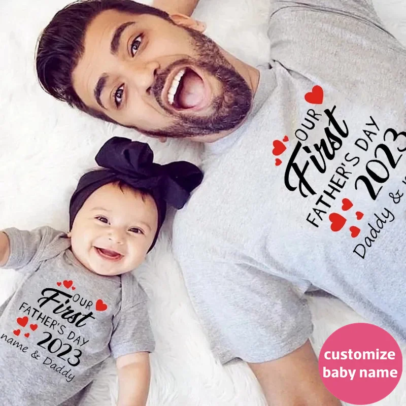 New Custom Name Our First Father's Day 2023 Family Matching Shirts Cotton Family Look Dad Tees Baby Rompers Outfits New Dad Gift 3