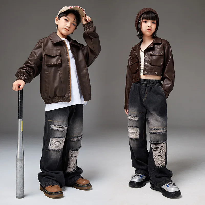 

Kid Hip Hop Clothing Brown PU Bomber Jacket Crop Top Casual Ripped Jeans Baggy Pants for Girls Boys Jazz Dance Costume Clothes