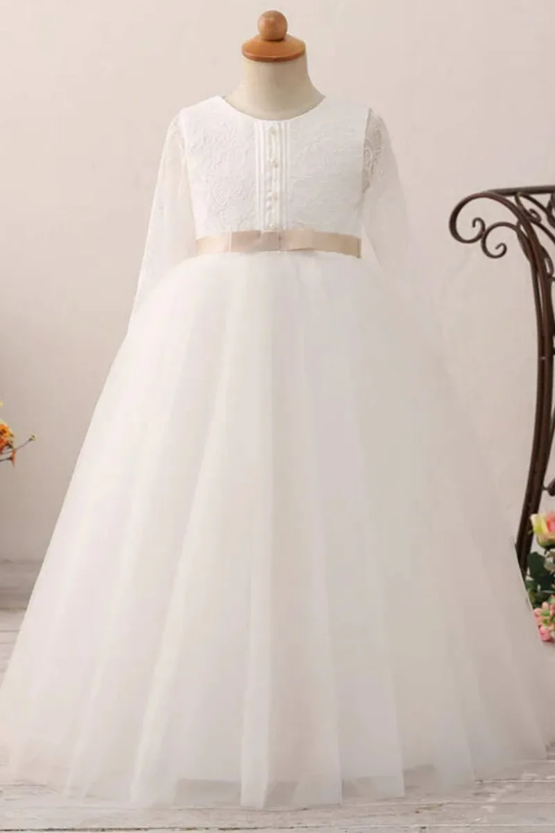 

Flower Girl Dress White Tulle Lace Top Long Sleeve With Bow Fit Wedding Party Birthday First Communion Gowns